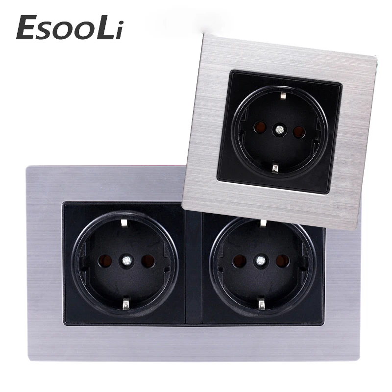 EsooLi 16A For Smart Home Double 250V EU/DE Standard Wall Socket Power Outlet Stainless Steel Panel 146mm*86mm | Обустройство дома