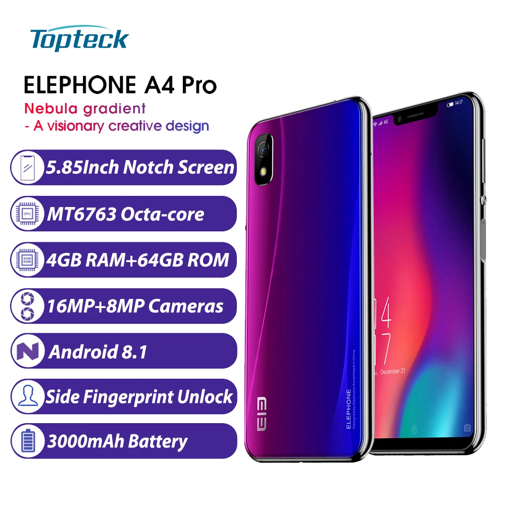 Мобильный телефон ELEPHONE A4 Pro, 4 ГБ, 64 ГБ, 3000 мА/ч, экран с зазубриной, 5,85 '', 4G, MT6763, Восьмиядерный, Android 8,1, камера 16 Мп+ 8 Мп, отпечаток пальца