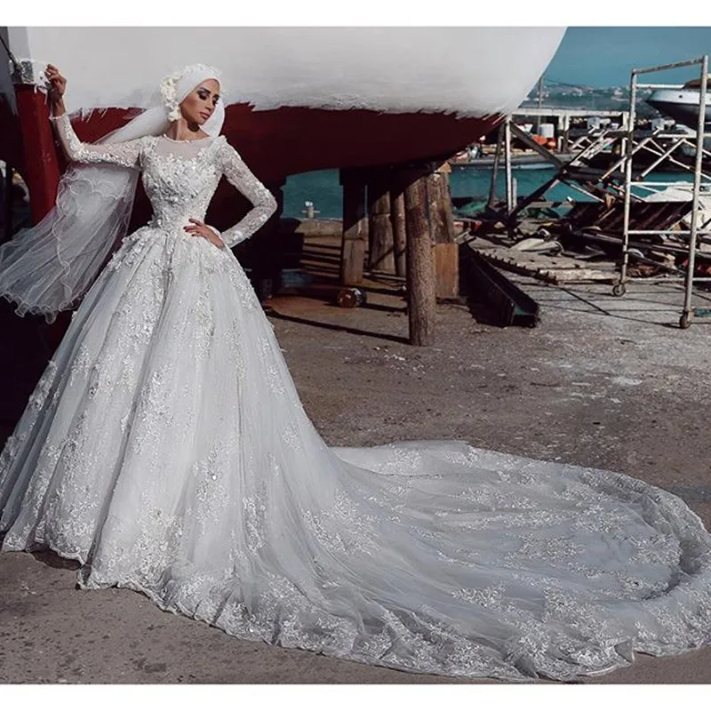 

White 2019 Muslim Wedding Dresses Ball Gown Long Sleeves Flowers Beaded Boho Dubai Arabic Robe De Mariee Sofuge