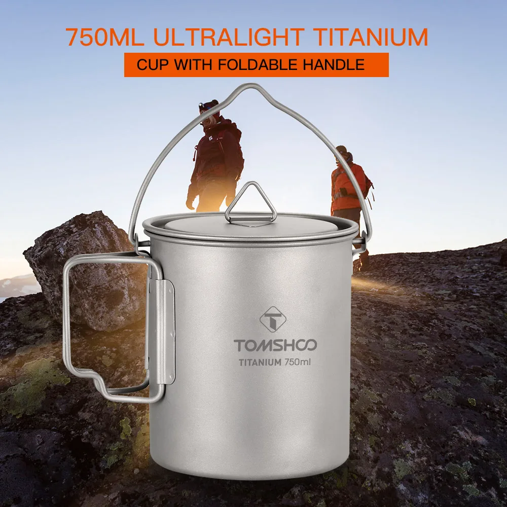 

TOMSHOO Outdoor Camping Cookware 750ml Titanium Pot Cup Portable Titanium Water Mug Cup Cooking Ultralight Camping Equipment