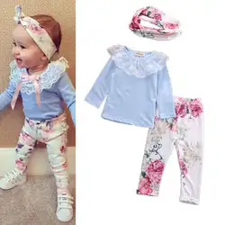 Модные Футболка для Маленьких Девочек Топ штаны с цветочным принтом комплект с ободком
