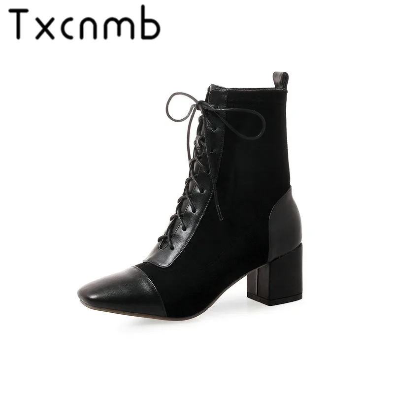 

TXCNMB 2019 Autumn/winter New Shoes Woman Lace-up Handmade Genuine Leather Boots Square Toe Square Heel Boots Women