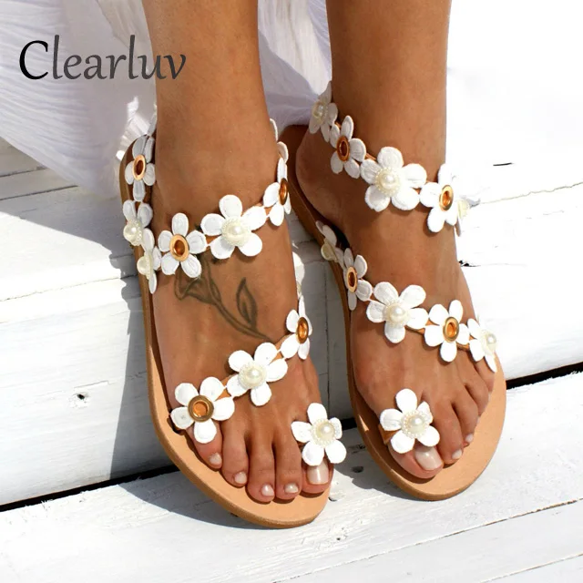 

2019 summer new toe flower sandals women's flat bottom bohemian beach women's shoes brown large size 35-44 C1111
