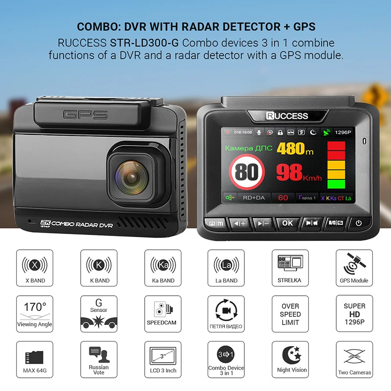 Ruccess 3 in 1 Car Radar Detector DVR Built-in GPS Speed Anti Radar Dual Lens Full HD 1296P 170 Deg