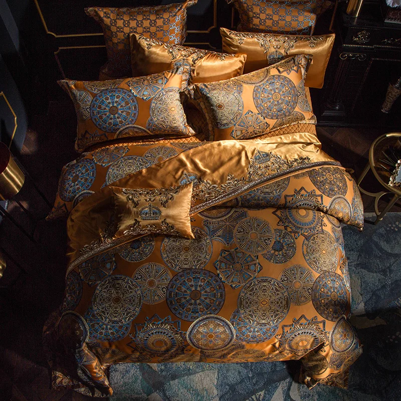 Juego de cama de lujo Queen King tamaño oro plata satén algodón cama conjunto Doona edredón funda de cama juego de sábanas juego de cama linge de lit Juego de cama de lujo Queen King tamaño oro plata satén algodón cama conjunto Doona edredón funda de cama juego de sábanas juego de cama linge de lit