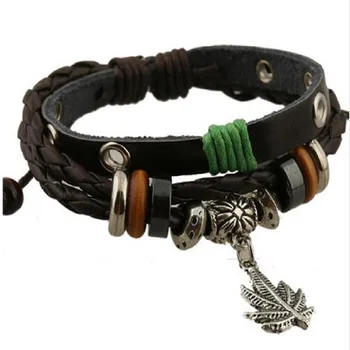 

3 Layer Steampunk Vintage Metal Leave Pendant Charm Bracelets for Women Men Hand Woven Black Cow Leather Strap Couple Bracelet