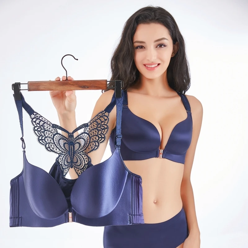

Women's large size bra beauty back bra women's front buckle bra without steel ring push high underwear seamless bra C D Ecup