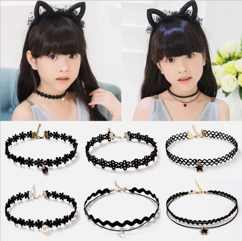 

Children Girls Black Lace Velvet Strip Leather Woman Party Jewelry Dress Accessories Chokers