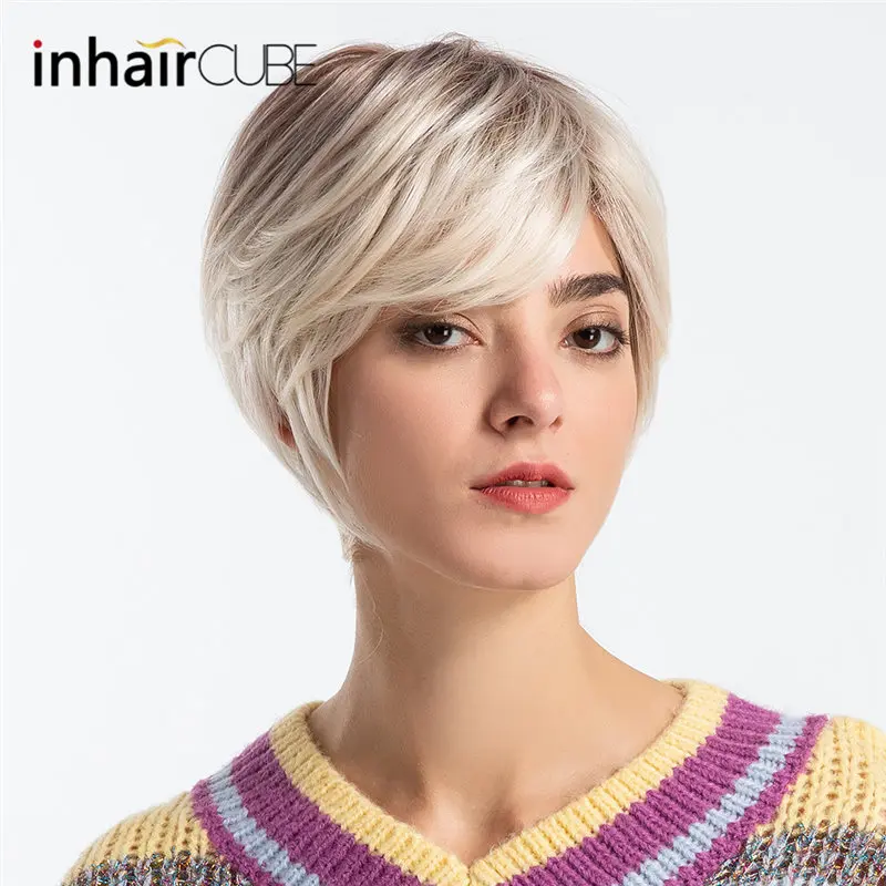 INHAIR cube синтетические волосы короткие Парик Омбре термостойкие прямые парики с челкой для женщин эластичные ремни
