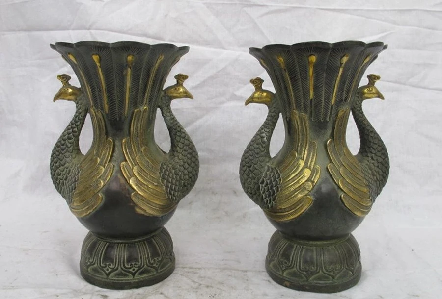 

Chinese Bronze Gilded double Peacock Bird Queen Palace Pot Bottle Vase Pair a 0518