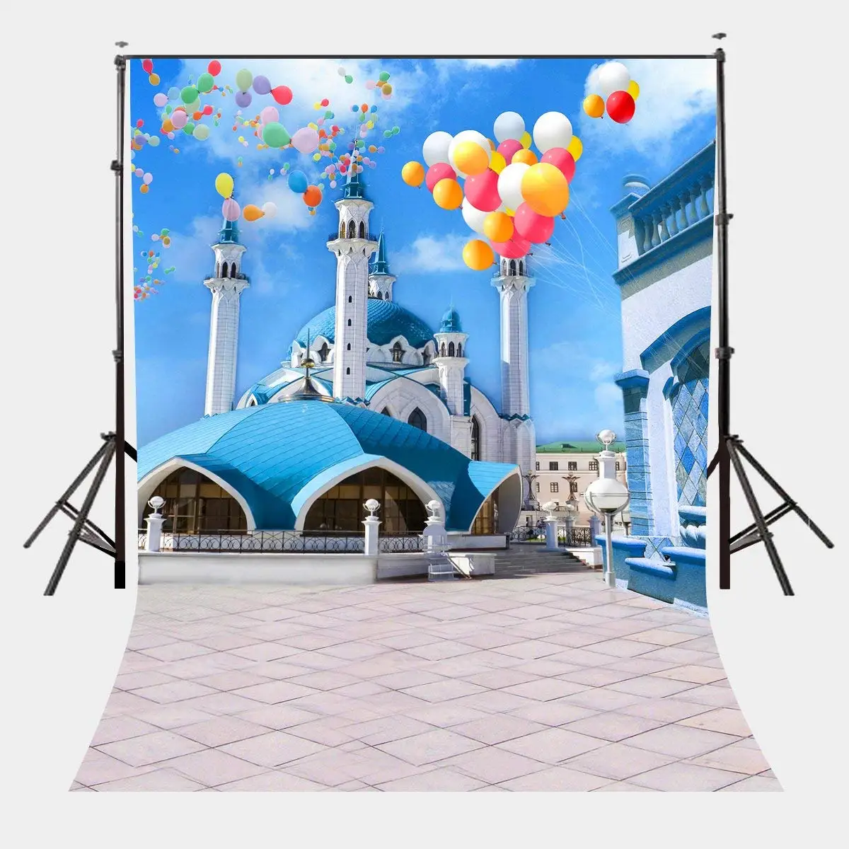 

5x7ft Mediterranean Style Architecture Backdrop Aegean Area Blue Bildings Colorful Flying Balloons Photo Video Props