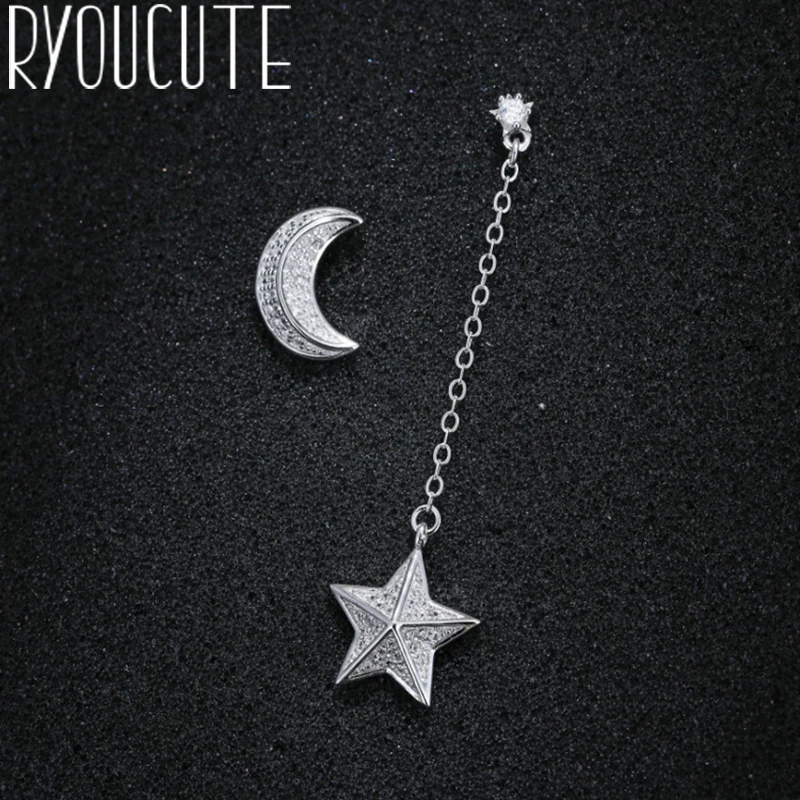 

925 Sterling Silver Crystal Moon Star Earrings for Women Wedding Asymmetrical Earrings Statement Jewelry Female Party Brincos