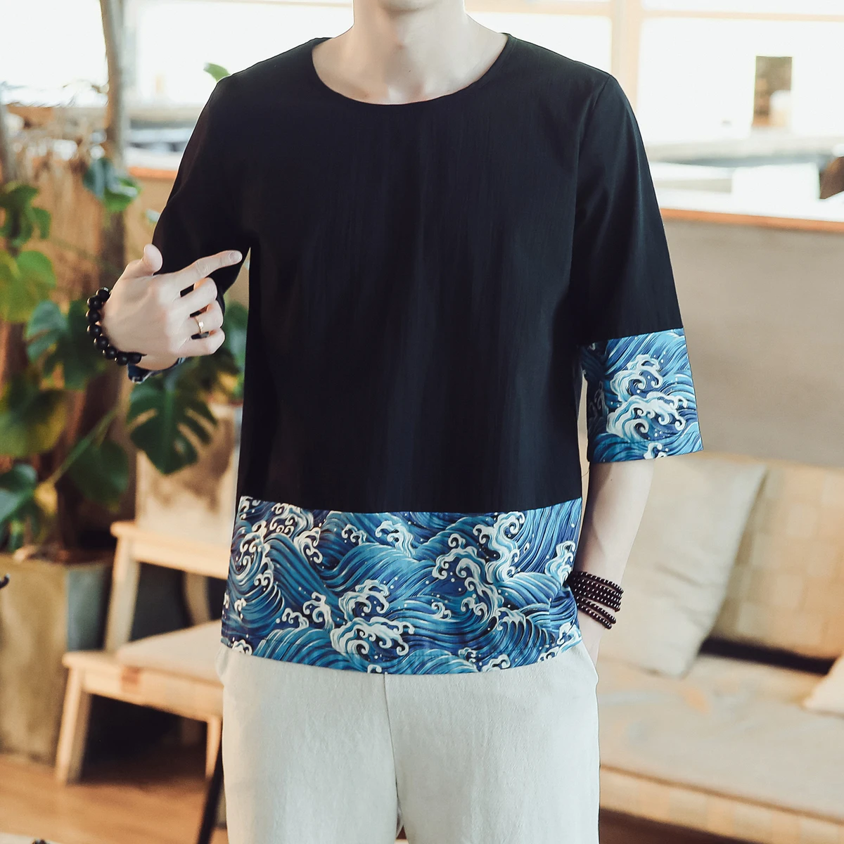 Buy Designer Cotton Linen T Shirts Men Patchwork Loose