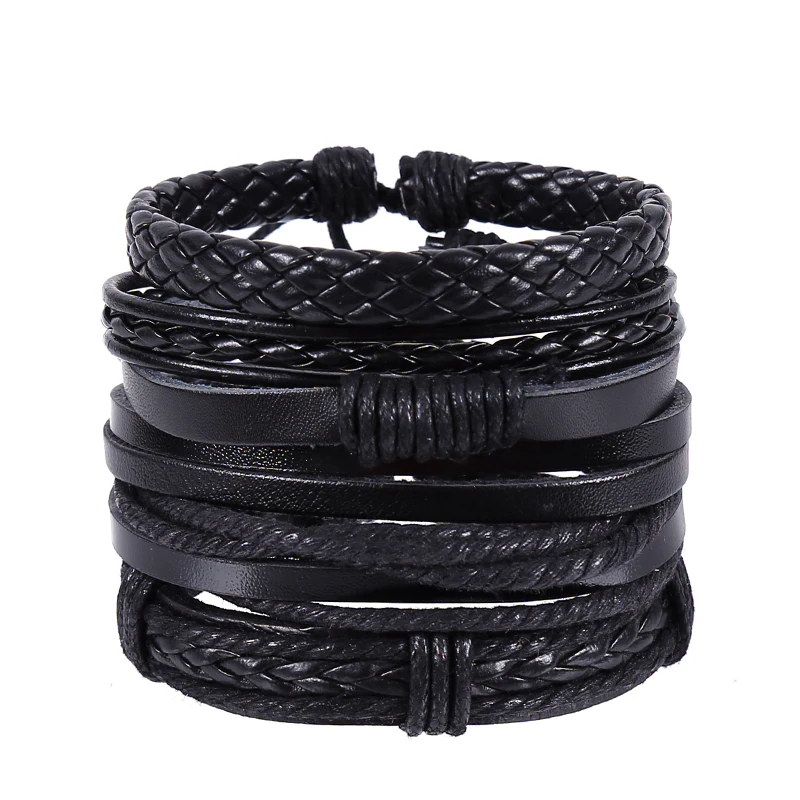 4pcs/set hippie punk classic all black leather cord knots pattern wrap wide Bracelets Bangles for man hand jewelry dropshipping