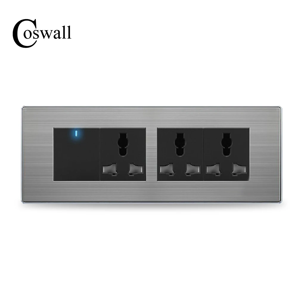 COSWALL Luxury Universal Power Socket 3 Way Wall Outlet With 1 Gang 2 Way Switch Stainless Steel
