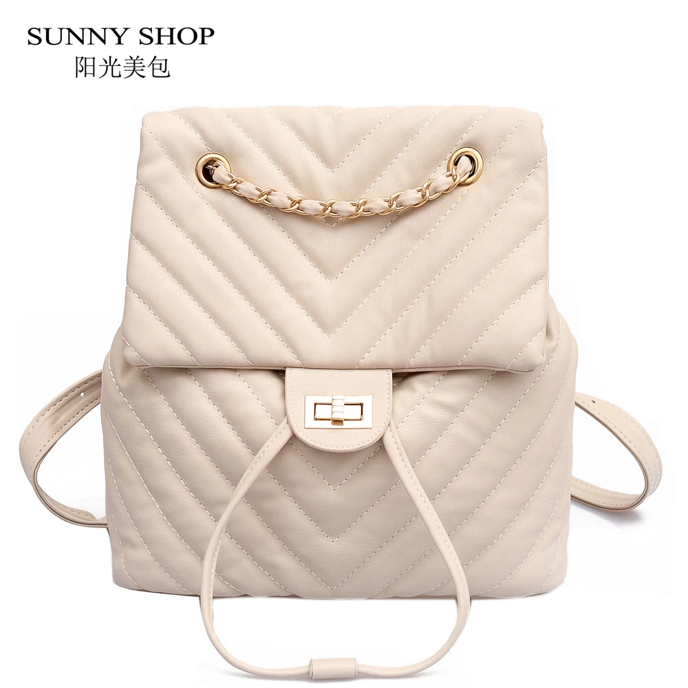 

SUNNY SHOP Brand Designer Plaid Back pack Woman Soft Leather Schoolbag For High School Girl Waterproof Bagpack Female Beige Cute