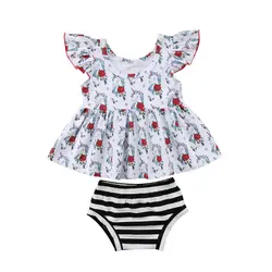 2018 г., платье с цветочным принтом и рукавами-крылышками для новорожденных девочек + шорты в полоску летняя одежда, комплект одежды из 2