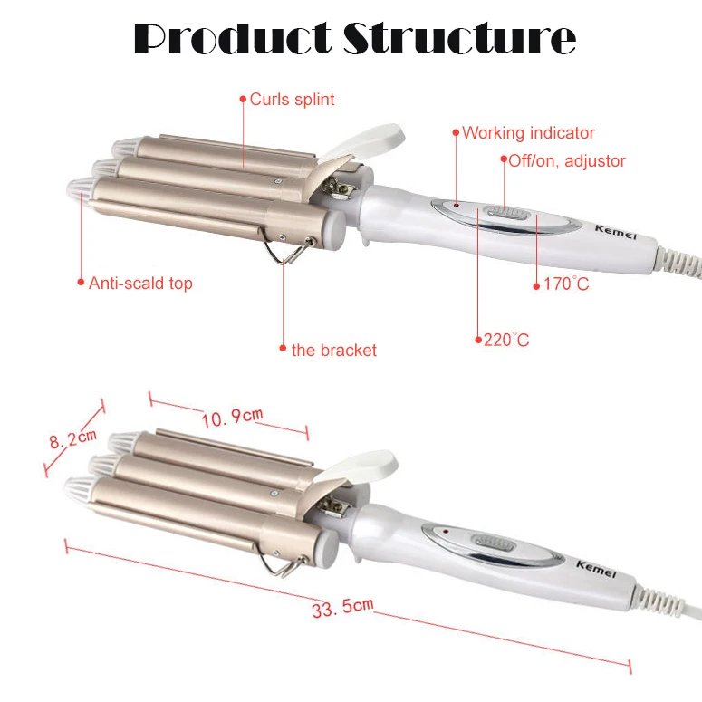 110-220 Kemei Ceramic Triple Barrel Hair Curler Professional Hair Curling Iron Waver Styling Tools Styler