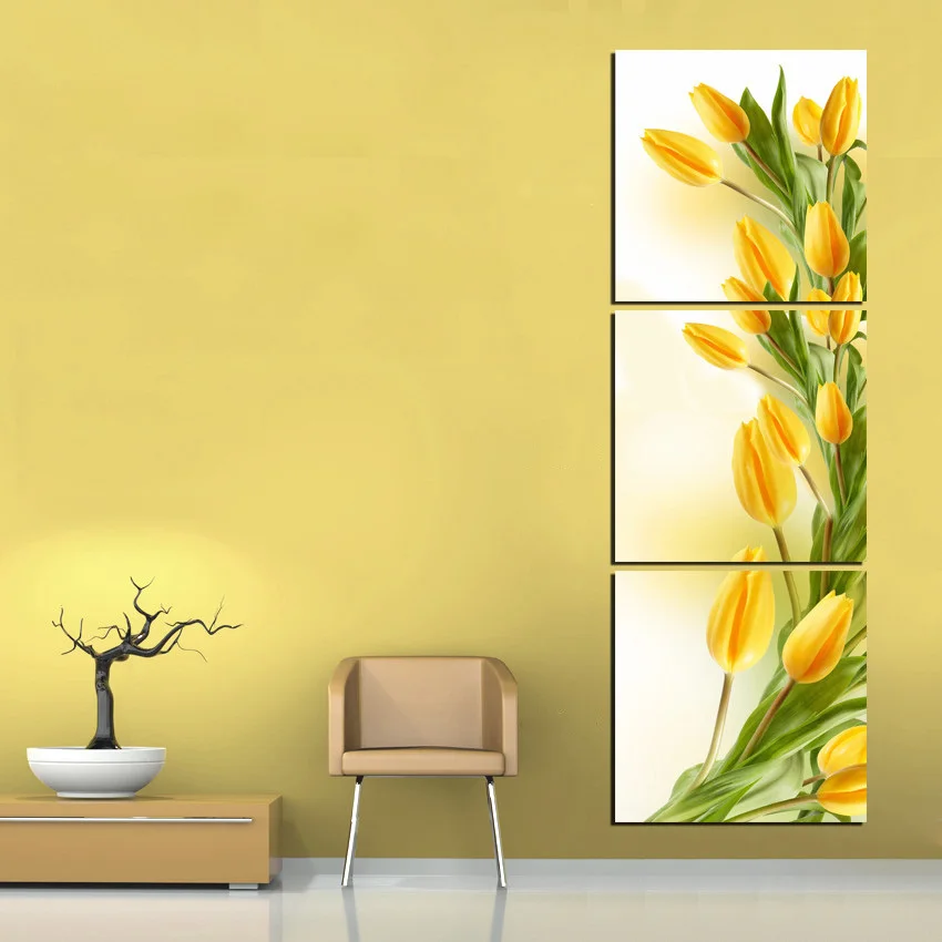 modern abstract 3 panel wall art yellow tulip flower print on canvas