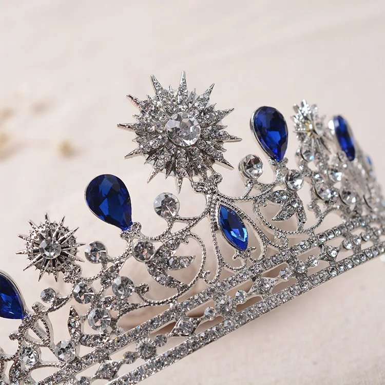Роскошный элегантный голубой кристалл звезда Луна свадебная корона диадемы Стразы диадема вуаль тиара Свадебные украшения для волос аксессуары