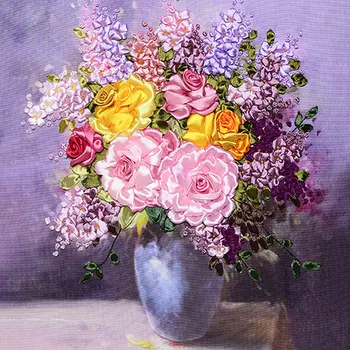 

60X50cm Vase DIY 3d Cross Stitch Kit Needlework Unfinished Ribbon Embroidery Painting Stitching Handicraft Gift Wall Painting