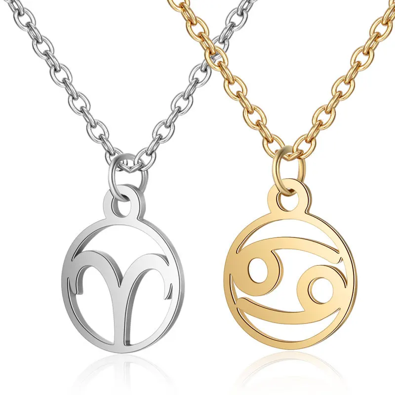 

2019 Fashion 316L Stainless Steel 12 Constellation Sign Necklace Gold Silver Tone Long Chain Initial Zodiac Choker Necklace