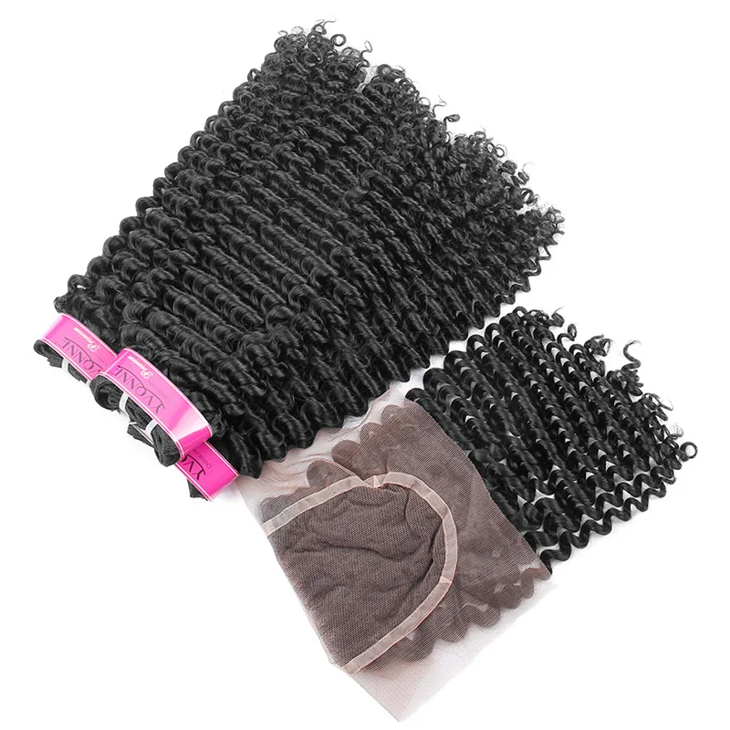 3 Bundles YVONNE Brazilian Kinky Curly Virgin Hair With Closure,100% Human Hair,Natural Color 1B