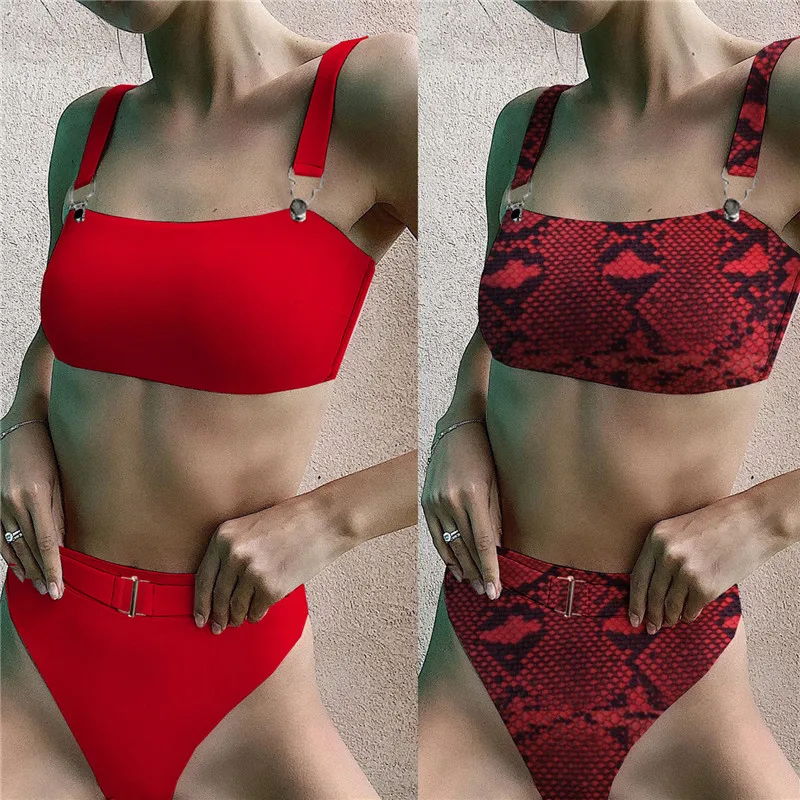 

2019 snake printed two piece Swimsuit high waist Bikinis tanga set Women bathing costume Sexy lady Straps buckle bikini swimwear