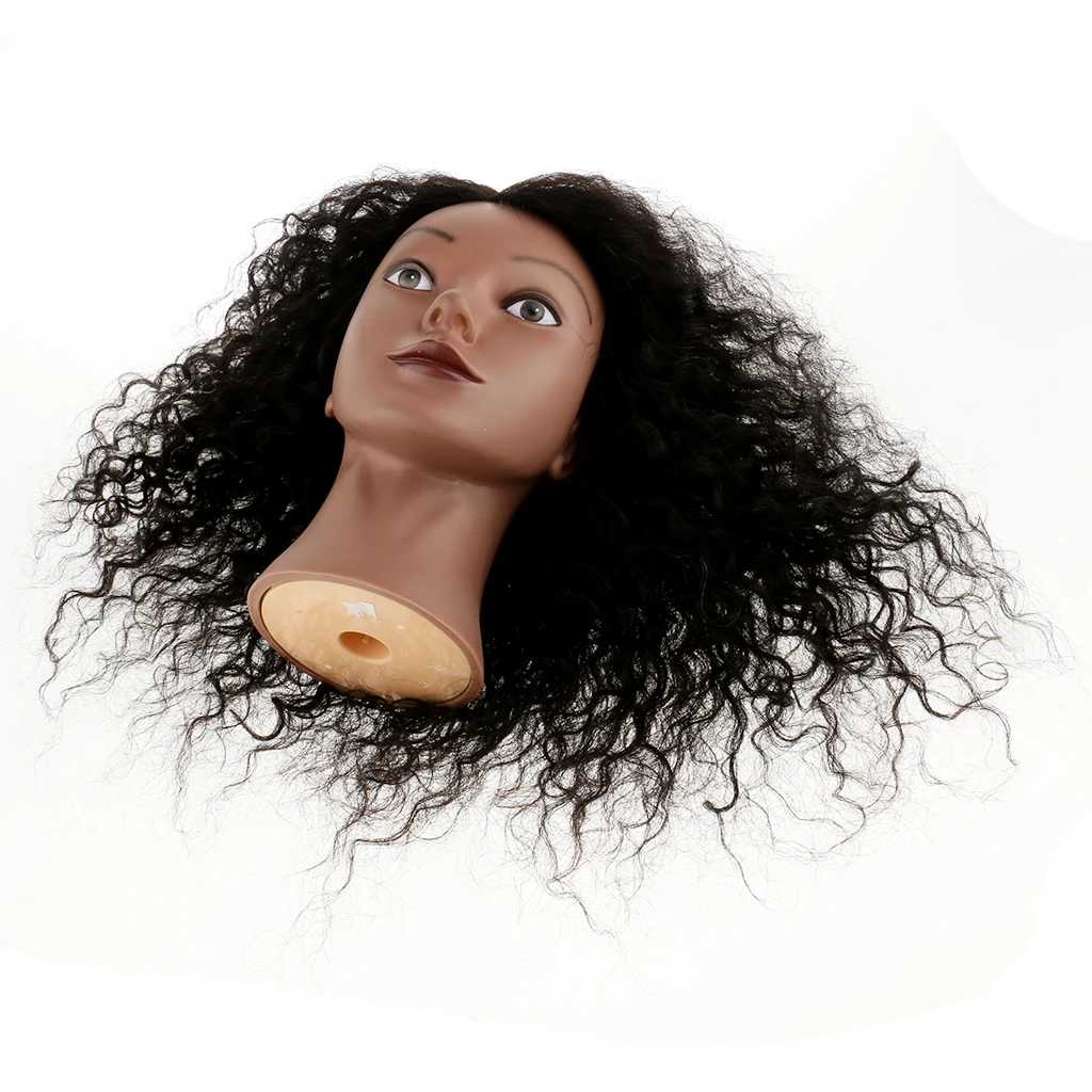 Silicone Cosmetology Practice Training Mannequin Head Human Hair + Tripod Stand Holder for Color Style Cut African American