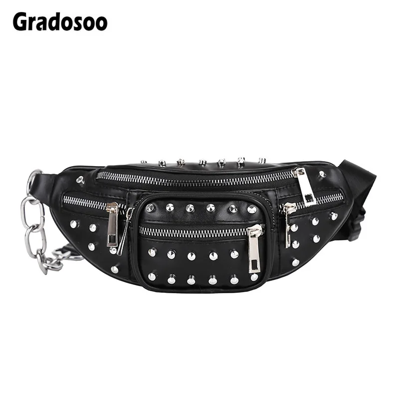 

Gradosoo Rivet Women Waist Pack Chain Design Fanny Pack For Women Waist Belt Bags PU Leather Banana Bag Chest Bag Bum Bag LBF509