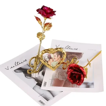 

24K Gold Plated Artificial Rose Gifts For Valentine's Day Flower With Photo Frame Base Unique Thanksgiving Mother's Day