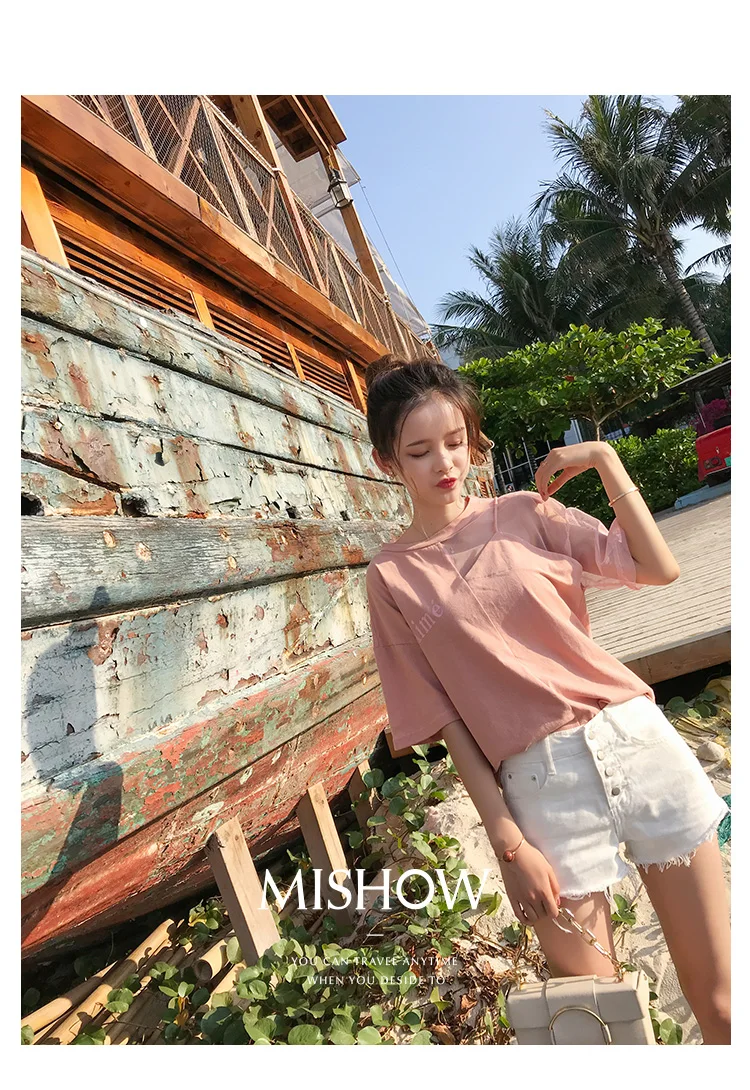 Mishow, лоскутные, прозрачные, с буквенным принтом, хлопок, одноцветные, короткий рукав, повседневные, женские футболки,, летние, сексуальные, свободные топы MX18A3337