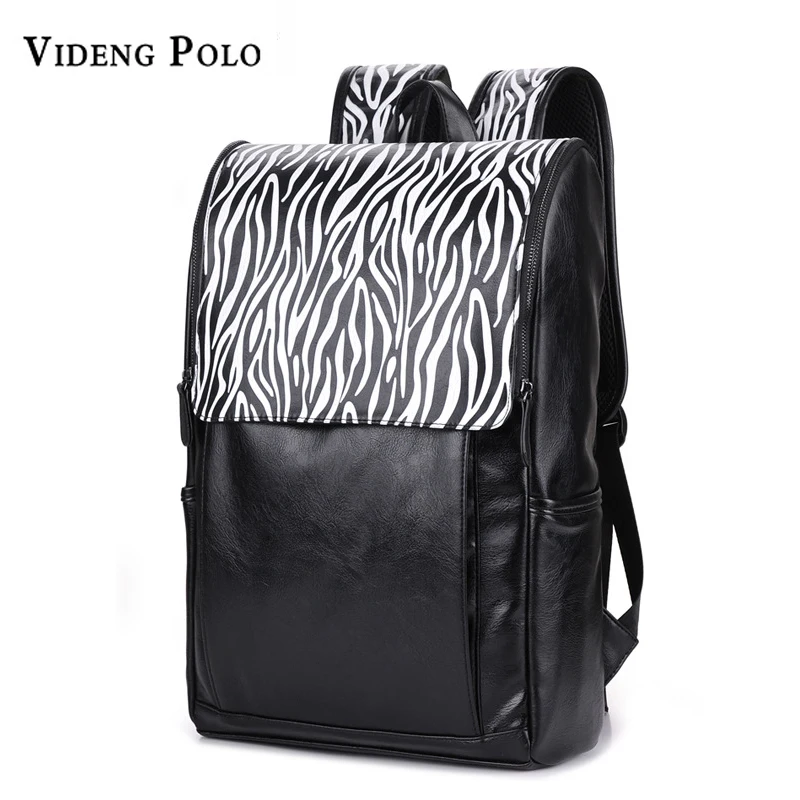 

VIDENG POLO NEW fashion Large Capacity Black soft PU Leather Personality zebra Texture backpack travel students bag Laptop bags