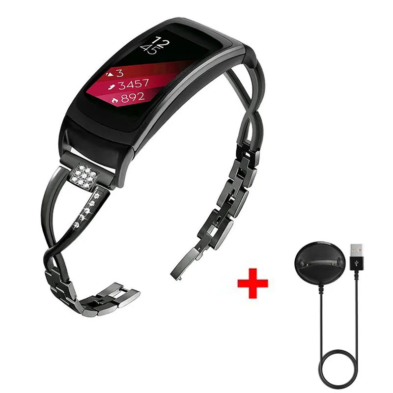 Black 2в1 USB Кабель зарядного устройства для samsung gear Fit 2 часы ремешок браслет из нержавеющей стали ремешок для gear fit2 Fit2 Pro Watchband ремешок для часов - Цвет: Black