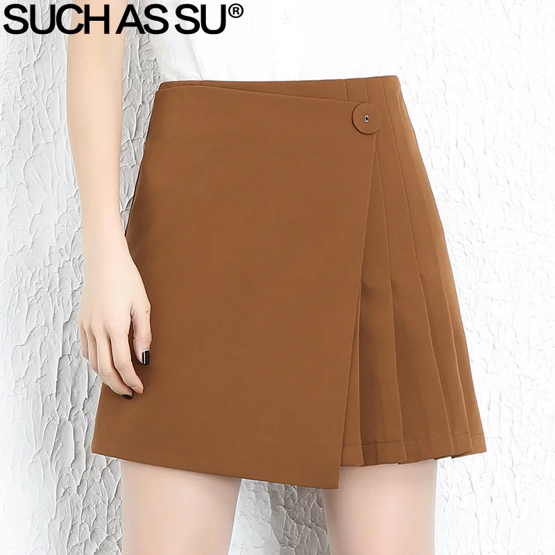 

SUCH AS SU New Spring Mini Skirts Womens 2018 Black Brown Pleated Patchwork Asymmetrical Skirt S-3XL High Waist Short Skirt