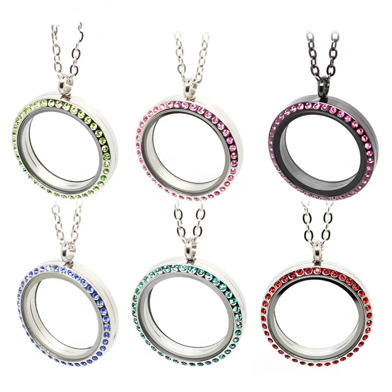 

30MM Stainless Steel Round Screw Colorful Crystals Floating Locket Pendant With 50cm Chain