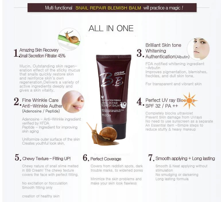 Mizon Caracol Reparação Defeito Bálsamo bb Creme 50ml Cobertura Perfeita Hidratante Corretivo Branqueamento Melhor Coreia Cosméticos 2 High Quality Beleza e saúde