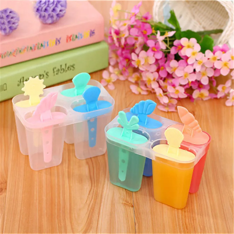 

4 Cavity Ice Mold Plastic Ice Cream Mold With Sticks Useful Popsicle Ice Cream Maker Summer DIY Kitchen Accessories 2019