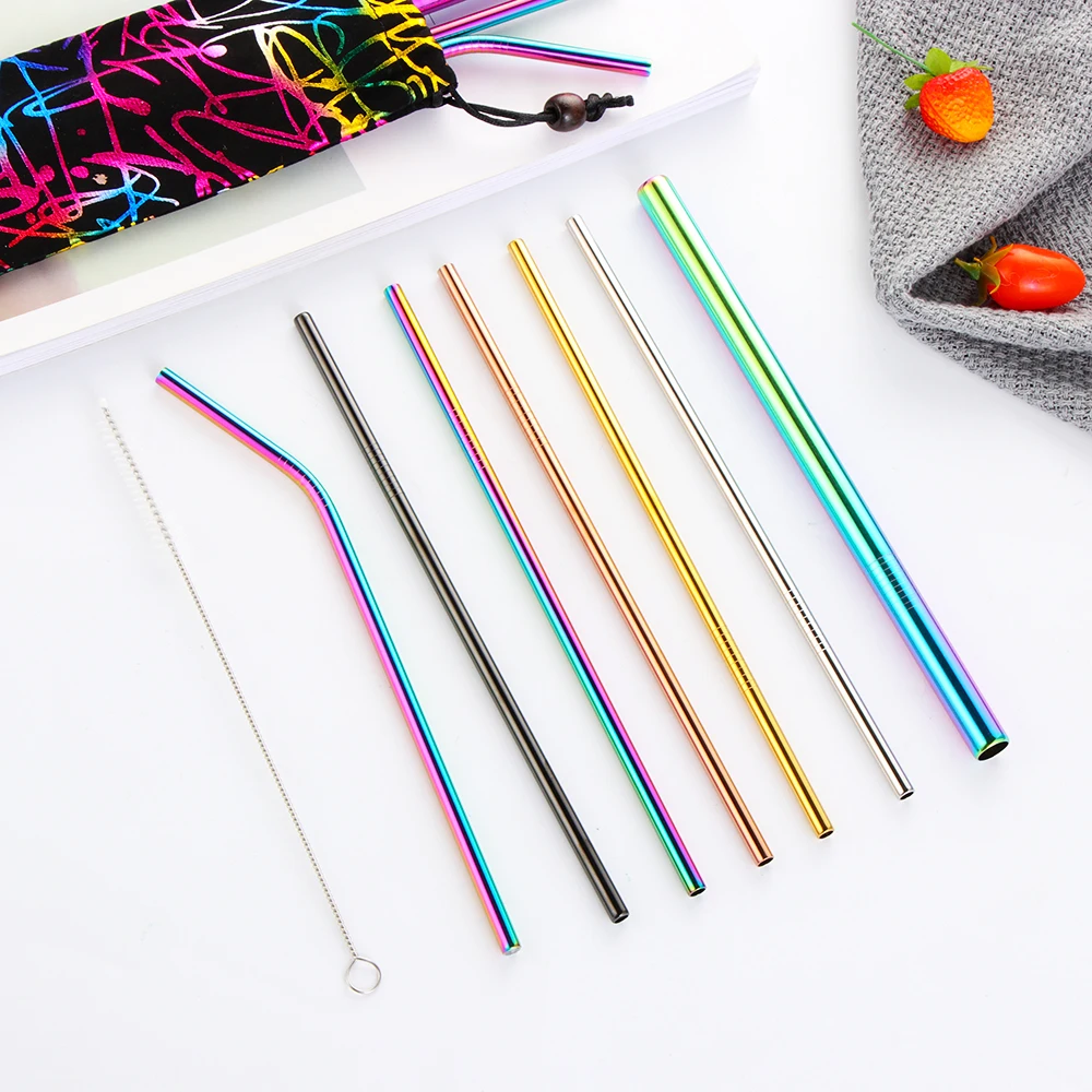 

5PCS/set Reusable Drinking Straw Bar Accessories Eco-Friendly Stainless Steel Metal Straws with Cleaner Brush Starry Bags