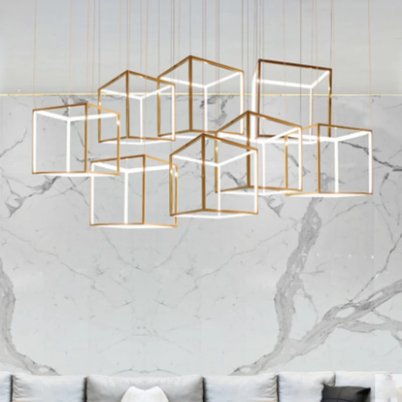 

Postmodern simple golden stainless steel hollow pendant lamp creative DIY combination square stereo LED lighting Bedroom decor