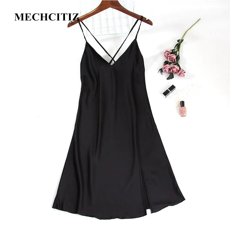 

MECHCITIZ 2019 Summer Women Sexy Nightgown Silk Lingerie Sleepwear V-Neck Home Dress Night Shirt Sleepwear Nightwear Sleepshirt