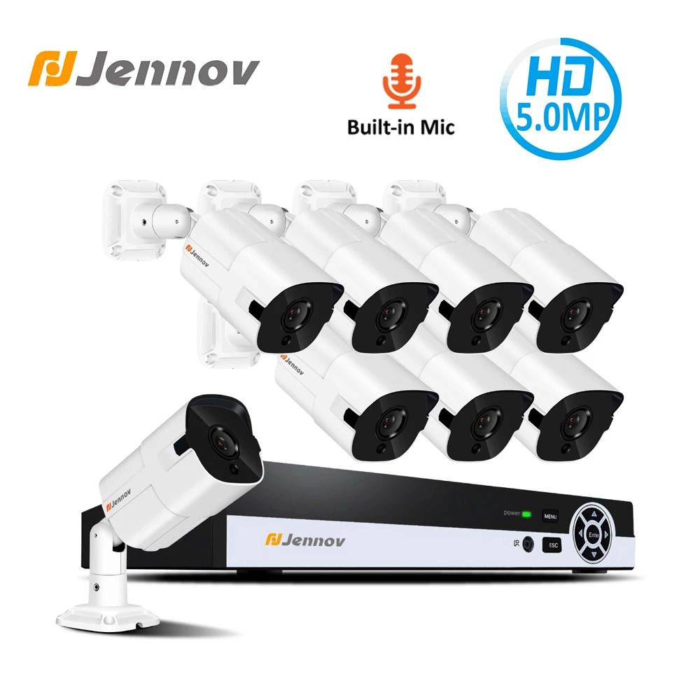 Jennov 5.0MP H.265 камера безопасности системы NVR комплект видеонаблюдения POE IP Cam CCTV комплект аудио запись P2P HD ночное видение