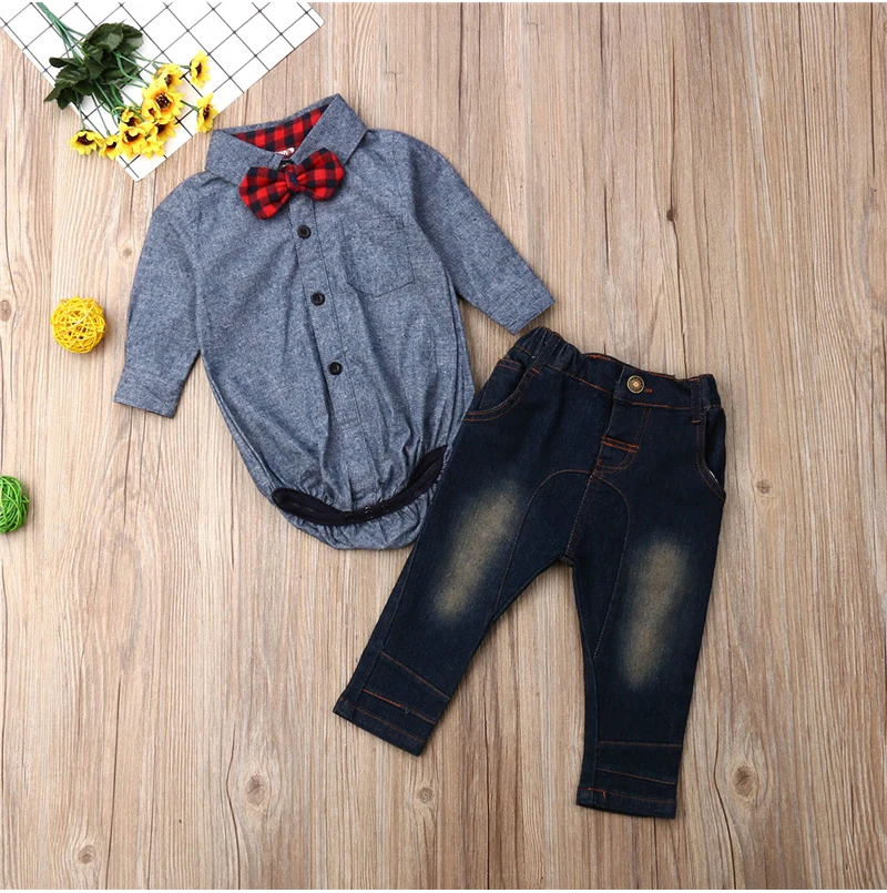 Джентльменский костюм для новорожденных мальчиков 0-24 месяцев, комплект одежды из 2 предметов, топы с длинными рукавами, джинсовые штаны, джинсы, милые красивые наряды для маленького человека