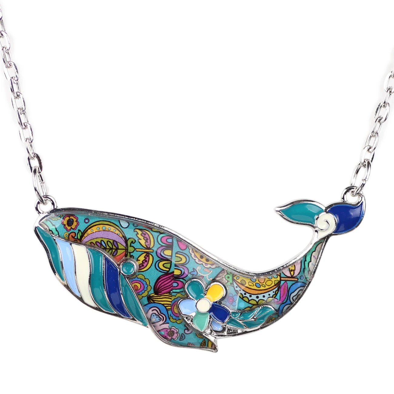 Bonsny Statement Alloy Enamel Whale Necklace Pendant Chain Collar Choker Ocean Animal Novelty Jewelry For Women Girls Gift Party