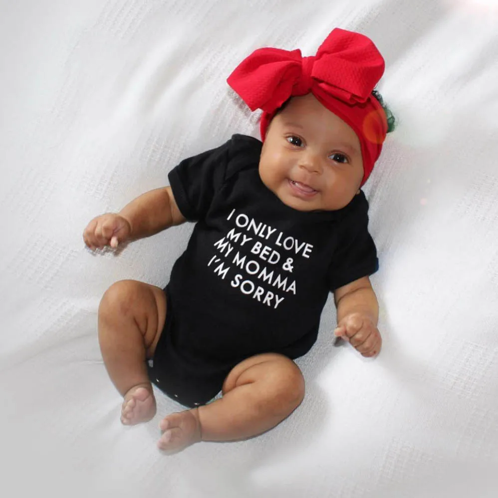 2018 Summer Bodysuit Black Baby Onesie I Only Love My Bed & My Momma Letter Print Short Sleeve Bodysuit Baby Newborn One Piece