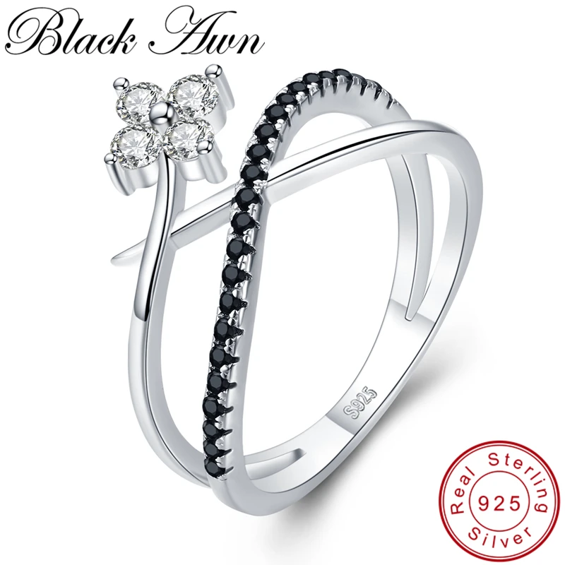 

[BLACK AWN] 925 Sterling Silver Jewelry Classic Wedding Rings for Women Female Hollow Bijoux Finger Ring G084
