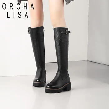 

ORCHA LISA Ladies shoes Mid-calf boots Mid heels Genuine Leather boots PlatformSquare heel Slip on boots for woman Winter C522