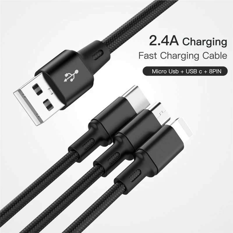 

3 in 1 USB Cable For iPhone 7 X Xiaomi Huawei 2.4A Fast Charging Mobile Phone USB Wire 8Pin Micro USB Type C Charger Cables Cord