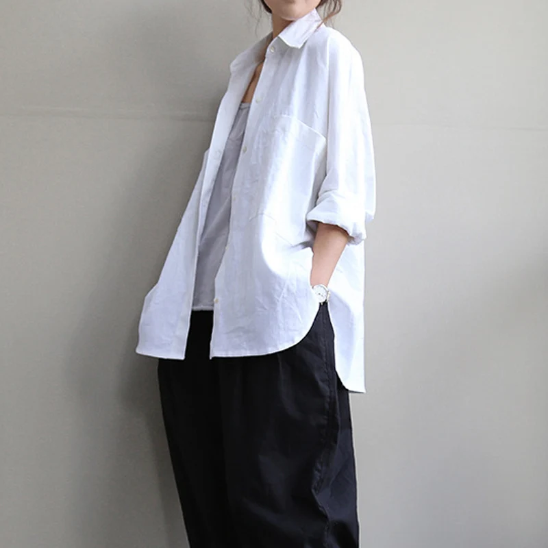 SCUWLINEN, Женский Топ, блуза, Ретро стиль, длинный рукав, с открытыми плечами, свободная рубашка размера плюс, Повседневная льняная рубашка для женщин X0111