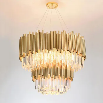 

Modern Luxury Crystal Chandelier Gold living room LED Crystal Chandelier Dining Room Round stainless steel Hanging Fixtures